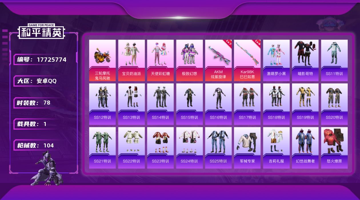 和平精英账号安卓QQ[17725774]安卓 手Q-3粉装-3特效枪-1载具-0粉色飞行器-37084热力值-4王牌印记-78套装-104枪皮
【热门品类】：套装-暗影哥特
【粉色套装】：粉装-宝贝奶油派，粉装-天使彩虹