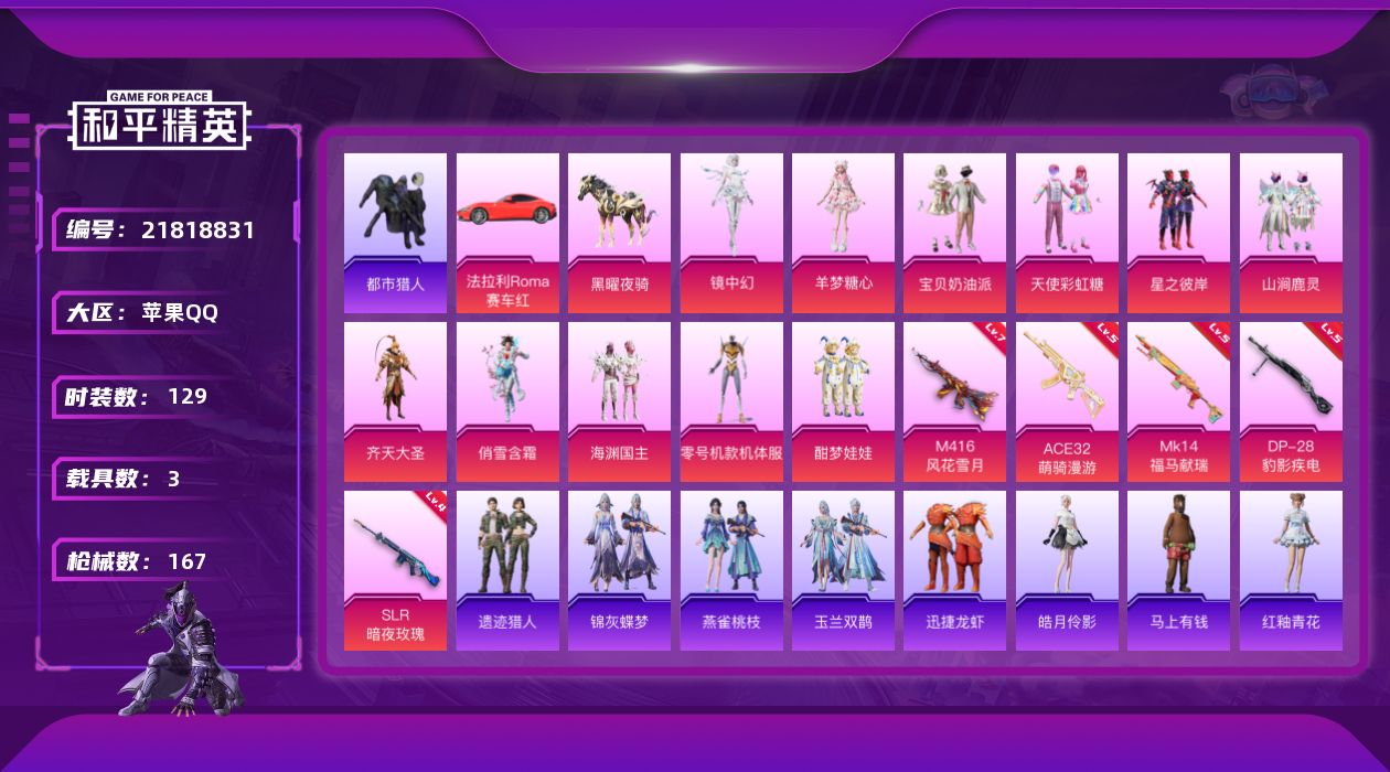 和平精英账号苹果QQ[21818831]129套装/枪械9/装备231/载具3/战备130/王牌印记7/热力值57688/五级SCAR-L-云端童话/七级M416-风花雪月/五级蜜獾-奇幻森林/五级ACE32-萌骑漫游/