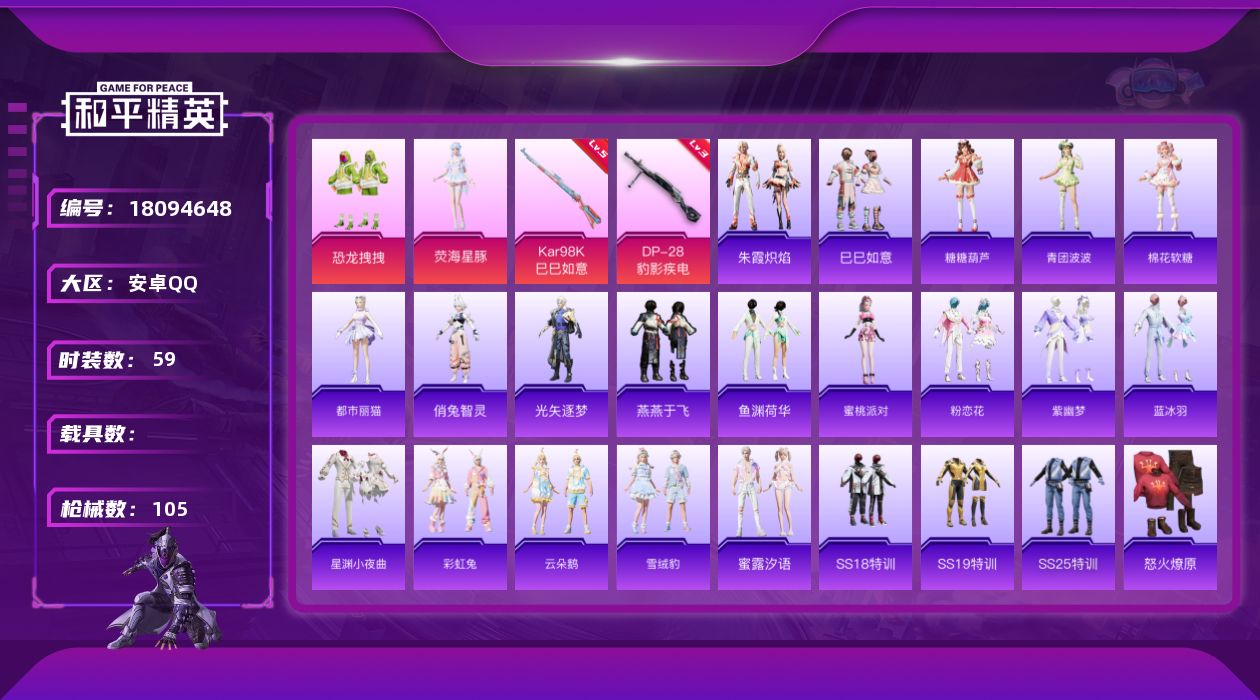 和平精英账号安卓QQ[18094648]可二次【特价出售/店主推荐】安卓 手Q-2粉装-2特效枪-1粉色飞行器-27604热力值-1王牌印记-59套装-105枪皮【粉色套装】：粉装-恐龙拽拽，角色-荧海星豚【粉色枪皮等级