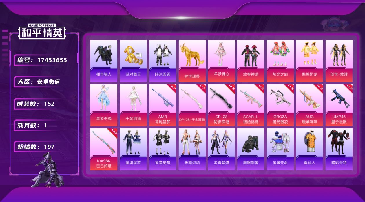 和平精英账号安卓微信[17453655]【特价出售/店主推荐】安卓 微信-7粉装-11特效枪-1载具-6粉色飞行器-62993热力值-14王牌印记-152套装-197枪皮
【热门品类】：套装-浪漫天命，套装-都市猎人，套