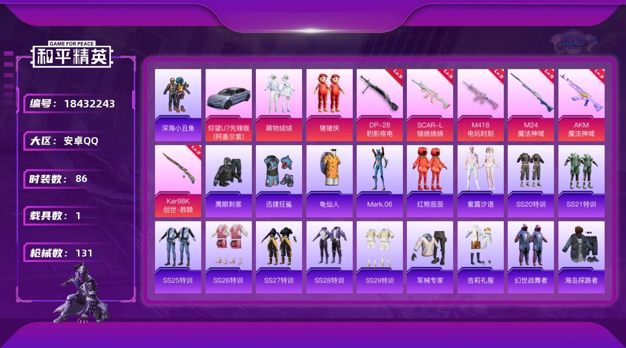 和平精英账号安卓QQ[18432243]安卓 手Q-3粉装-8特效枪-1载具-1粉色飞行器-39045热力值-5王牌印记-86套装-131枪皮
【热门品类】：套装-深海小丑鱼，套装-龟仙人，角色-Mark.06，套装-红