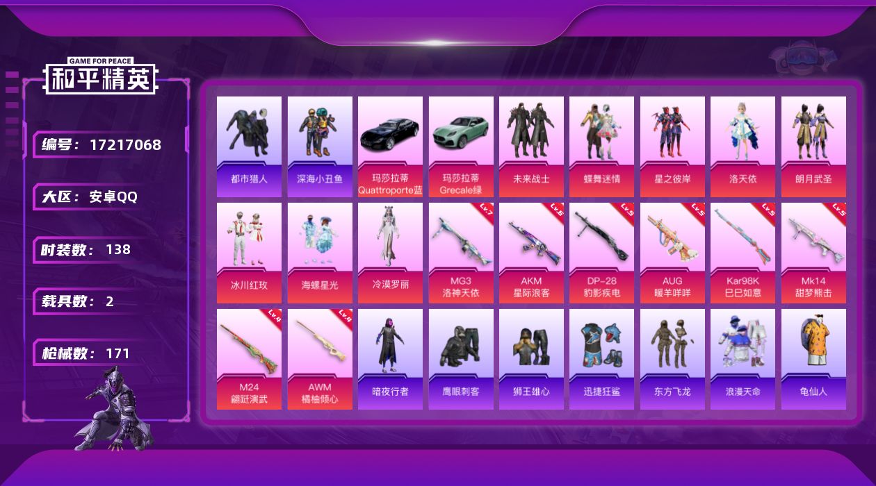 和平精英账号安卓QQ[17217068]安卓 手Q-8粉装-8特效枪-2载具-1粉色飞行器-57659热力值-9王牌印记-138套装-171枪皮
【热门品类】：套装-浪漫天命，套装-都市猎人，套装-深海小丑鱼，套装-暗夜