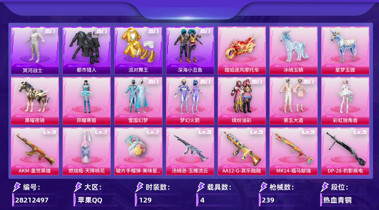 [28212497]【无敌战神框/三级星梦/老木乃伊/雪国/猪脸/都市/金鞋/小丑鱼/地铁满天赋】苹果手Q-历史最高段位：无敌战神-6粉装-24特效枪-4载具-9粉色飞行器-75236热力值-12王牌印记-129套装-239枪皮
【热门品类】：粉装-雪国幻梦，粉装-梦幻火箭，粉装-缤纷油彩，套装-浪漫天命，套装-都市猎人，套装-冥河战士，套装-派对舞王，套装-深海小丑鱼，套装-小丑鱼，套装-暗夜之虎，套装-粉红小猪，套装-糯粉咩咩，角色-六号稻草人，套装-红熊茄茄
【粉色套装】：粉装-雪国幻梦，粉装-梦幻火箭，粉装-缤纷油彩，粉装-第五大道，角色-彩虹独角兽，角色-异瞳寒姬
【粉色枪皮等级】：AKM-盖世英雄(九级)，SCAR-L-魔童闹海 哪吒(三级)，M416-灵猫魔法师(三级)，GROZA-巴啦啦小魔仙(五级)，GROZA-镜光银凌(五级)，AUG-星梦奇缘(三级)，AUG-暖羊咩咩(五级)，蜜獾-奇幻森林(四级)，ACE32-萌骑漫游(四级)，UMP45-萌骑冒险(三级)，Vector-流风之羽(五级)，汤姆逊-热量炸弹(一级)，汤姆逊-玉魄流云(五级)，AKS-74U-无垠阁(三级)，P90-魔童闹海 敖丙(三级)，Kar98K-巳巳如意(五级)，Mk14-甜梦熊击(五级)，Mk14-福马献瑞(五级)，AMR-鸢尾晶梦(五级)，AA12-G-其乐融融(五级)，DP-28-豹影疾电(五级)，燃烧瓶-天降桃花(七级)，破片手榴弹-美味星星糖(七级)
【粉色载具】：踏焰逐风摩托车，星梦玉骢，黑曜夜骑，冰绡玉鳞
【粉色枪皮】：AKM-盖世英雄，SCAR-L-魔童闹海 哪吒，M416-灵猫魔法师，GROZA-巴啦啦小魔仙，GROZA-镜光银凌，AUG-星梦奇缘，AUG-暖羊咩咩，蜜獾-奇幻森林，ACE32-萌骑漫游，UMP45-萌骑冒险，Vector-流风之羽，汤姆逊-热量炸弹，汤姆逊-玉魄流云，AKS-74U-无垠阁，P90-魔童闹海 敖丙，Kar98K-巳巳如意，Mk14-甜梦熊击，Mk14-福马献瑞，AMR-鸢尾晶梦，AA12-G-其乐融融，DP-28-豹影疾电，烟雾弹-猫咪绅士，燃烧瓶-天降桃花，破片手榴弹-美味星星糖
【粉色飞行器】：炫彩糖果飞行器，镜光幻境飞行翼，沙丘之主天马，繁龙极客飞行器，镜域双华-灵镜之阶，灵猫魔法师飞行器，飞天猪飞行器，灵珠游龙飞行器
