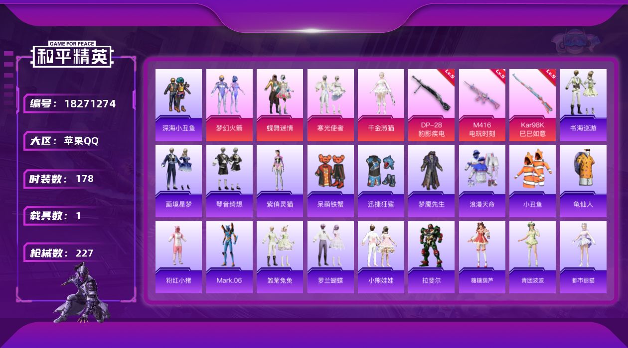 和平精英账号苹果QQ[18271274]苹果 手Q-4粉装-7特效枪-1载具-4粉色飞行器-65407热力值-17王牌印记-178套装-227枪皮
【热门品类】：粉装-梦幻火箭，套装-浪漫天命，套装-深海小丑鱼，套装-小