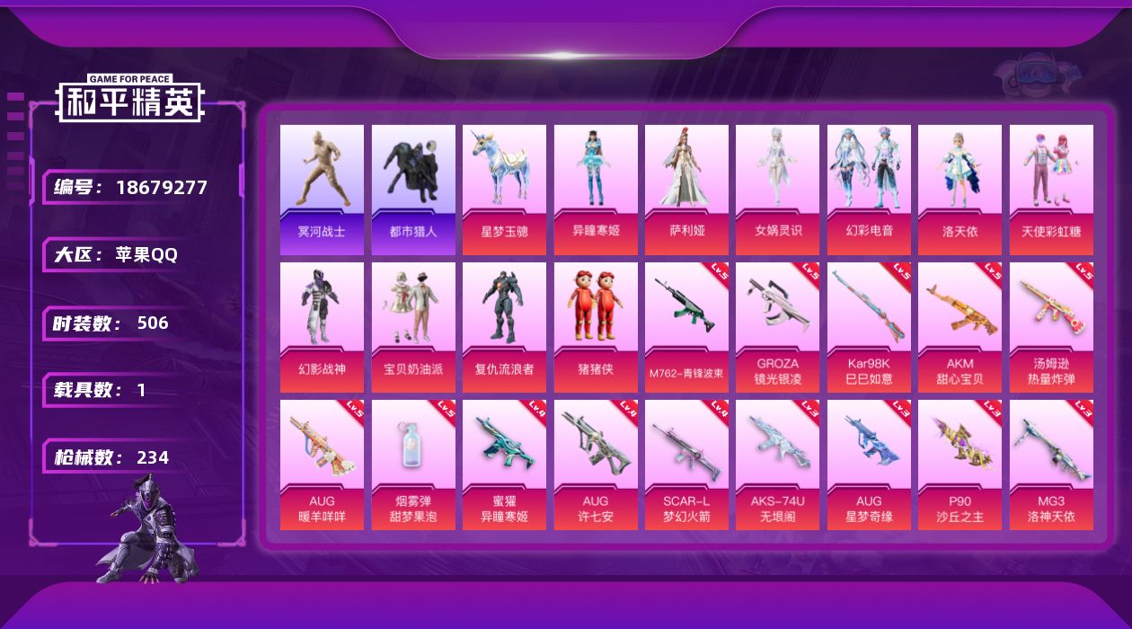 和平精英账号苹果QQ1载具-134套装-234枪皮-木乃伊 都市猎人 AUG-星梦奇缘3级 m4星际 m4黄金龙骨 6稀