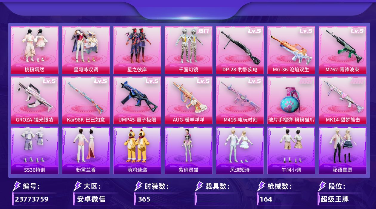 和平精英账号安卓微信0载具-94套装-164枪皮-1稀有4粉装13特效枪6热门94套装164枪皮 47564热力值 6印