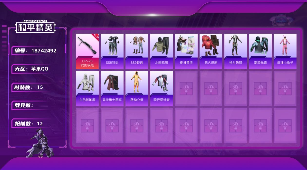 和平精英账号苹果QQ[18742492]苹果 手Q-0粉装-1特效枪-0载具-0粉色飞行器-4790热力值-2王牌印记-15套装-12枪皮
【粉色枪皮等级】：DP-28-豹影疾电(二级)
【粉色枪皮】：DP-28-豹影疾