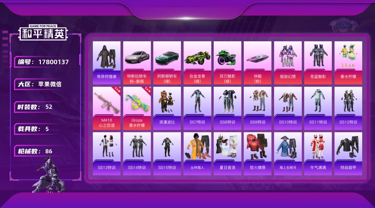 和平精英账号苹果微信实名: 不可修改 时装数: 52 载具数: 5 枪械数: 86 战备数: 59 热门装扮: 奇异狩猎