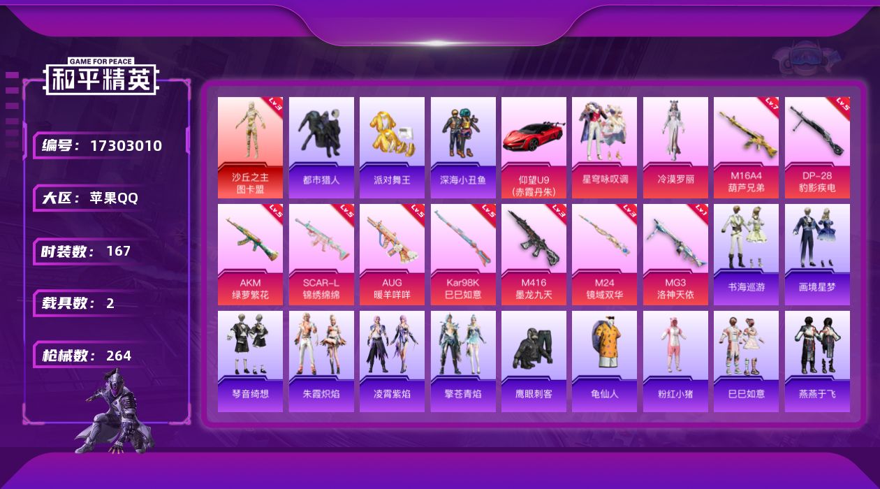 和平精英账号苹果QQ[17303010]苹果 手Q-1神装-3粉装-11特效枪-2载具-6粉色飞行器-79990热力值-21王牌印记-167套装-264枪皮
【红色神装等级】：沙丘之主-图卡盟(三级)
【红色角色神装】：