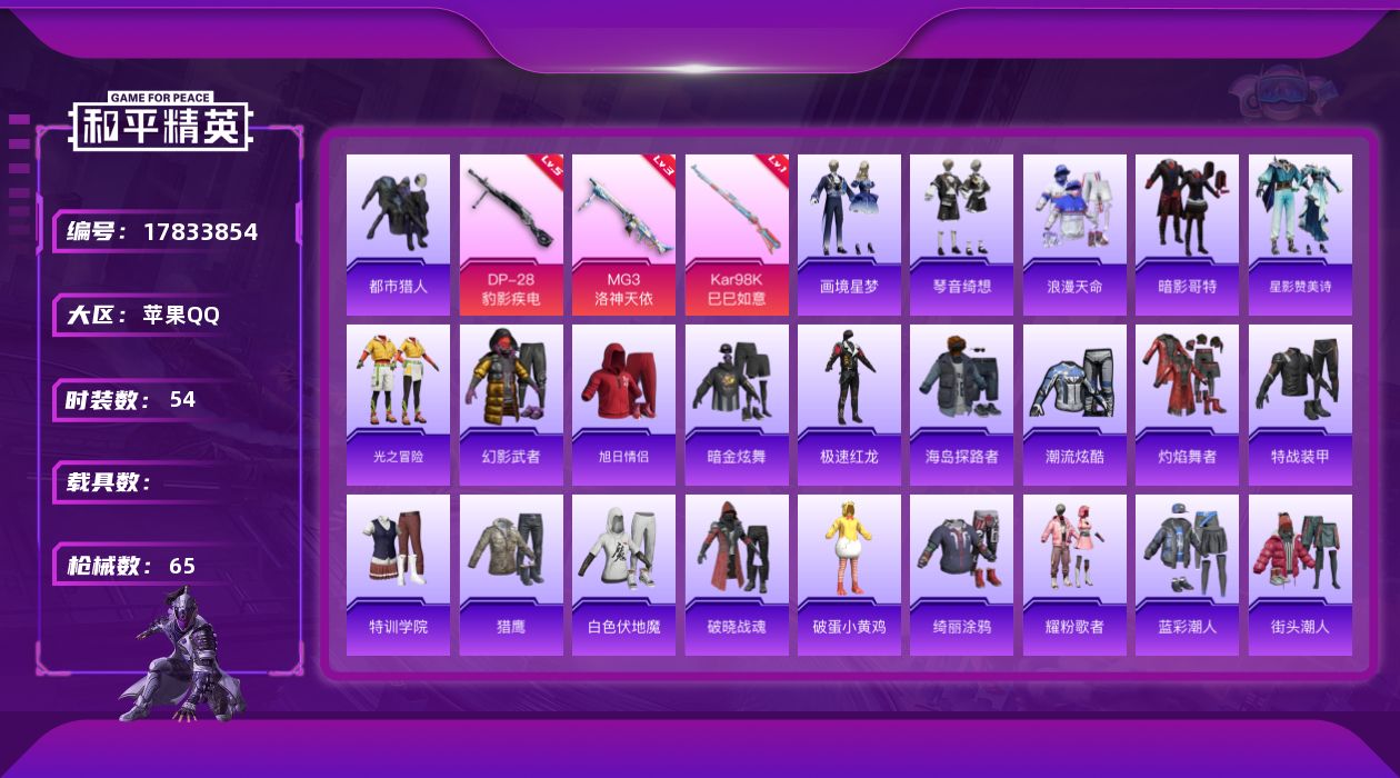 和平精英账号苹果QQ[17833854]苹果 手Q-0粉装-5特效枪-0载具-1粉色飞行器-16711热力值-2王牌印记-54套装-65枪皮
【热门品类】：套装-浪漫天命，套装-都市猎人，套装-暗影哥特
【粉色枪皮等级】