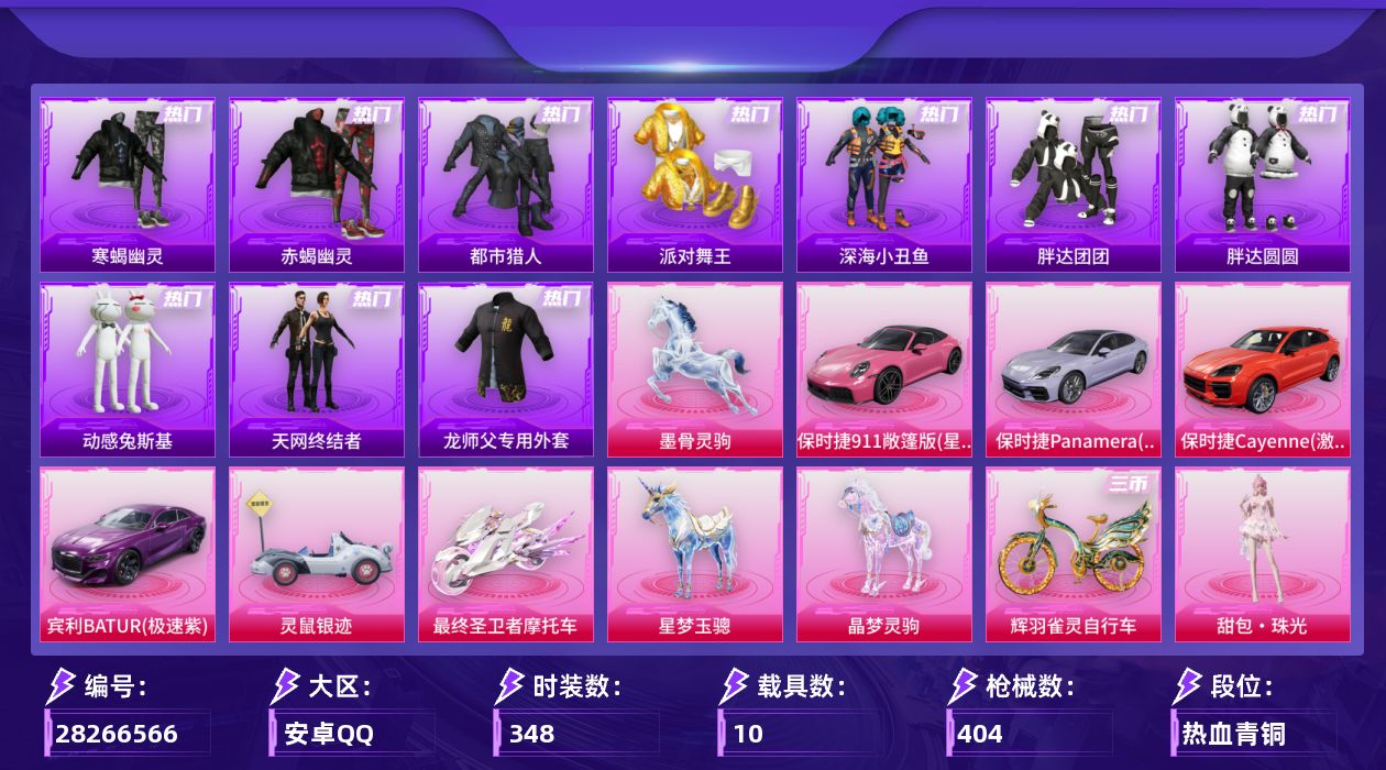 [28266566]安卓手Q-历史最高段位：超级王牌16星-46粉装-18特效枪-10载具-22粉色飞行器-158556热力值-14王牌印记-348套装-404枪皮
【热门品类】：粉装-怪诞乔克，粉装-雪国幻梦，粉装-梦幻火箭，粉装-缤纷油彩，套装-寒蝎幽灵，套装-浪漫天命，套装-赤蝎幽灵，套装-都市猎人，套装-派对舞王，套装-深海小丑鱼，套装-小丑鱼，套装-胖达团团，套装-胖达圆圆，套装-天网终结者，套装-动感兔斯基人偶服，套装-龟仙人，套装-潮萌小黄鸭，套装-暗影哥特，套装-糯粉咩咩，套装-软软马卡龙，师父专用外套，套装-红熊茄茄
【粉色套装】：粉装-极限特训，粉装-怪诞乔克，粉装-甜心巧克力，粉装-宝贝奶油派，粉装-天使彩虹糖，粉装-雪国幻梦，粉装-梦幻火箭，粉装-缤纷油彩，粉装-放客神游，粉装-冰霜白皇，粉装-岚岚物语，粉装-甜梦小狐，粉装-暖熊萌萌，粉装-彩虹甜喵，粉装-冰川幽秘，粉装-冰川红玫，粉装-第五大道，粉装-仲夏莫吉托，角色-呆萌星弥，角色-小可学妹，粉装-萌物绒绒，粉装-莲影清波，粉装-憨憨奶龙，角色-圣堂之誓，粉装-蜜语绒猫，角色-烟云彩露，角色-美雪，角色-美琪，角色-超弦星，角色-萨利娅，角色-晶梦幻蝶，角色-彩虹独角兽，角色-月下星之子，角色-樱桃泡泡，粉装-戏水时光，粉装-星月云朵，角色-幻海仙踪，粉装-星穹咏叹调，角色-绯穹魔姬，角色-冰魄，角色-羊梦糖心，角色-鸢尾珑雾，人物-甜包·珠光，人物-甜包·暖光，人物-甜包·炫光，人物-甜包·星光
【粉色枪皮等级】：AKM-炫紫旋律(六级)，M416-心之恋语(七级)，蜜獾-异瞳寒姬(四级)，ARX-神木藏锋(五级)，汤姆逊-玉魄流云(五级)，AKS-74U-琉璃赤心(五级)，P90-魔童闹海 敖丙(三级)，Kar98K-巳巳如意(五级)，Kar98K-圣域龙灵(三级)，M24-莲影清波(五级)，Mk14-樱桃泡泡(四级)，M417-第五大道(四级)，DP-28-豹影疾电(五级)，MG3-辉羽雀灵(三级)，MG-36-幻彩电音(四级)，平底锅-喜羊羊与灰太狼(四级)，烟雾弹-丁香清露(五级)，破片手榴弹-热量炸弹(七级)
【粉色载具】：宾利BATUR（极速紫），保时捷911 敞篷版（星珀红），保时捷Panamera（星辰紫），保时捷Cayenne（激情红），灵鼠银迹，最终圣卫者摩托车，僚机-圣域龙宝，星梦