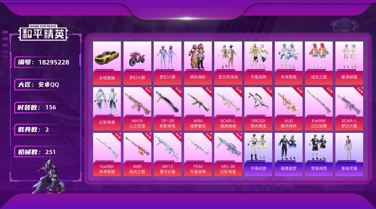 和平精英账号安卓QQ[18295228]安卓 手Q-9粉装-16特效枪-2载具-5粉色飞行器-80059热力值-11王牌印记-156套装-251枪皮
【热门品类】：粉装-梦幻火箭，粉装-缤纷油彩，套装-龟仙人
【粉色套装