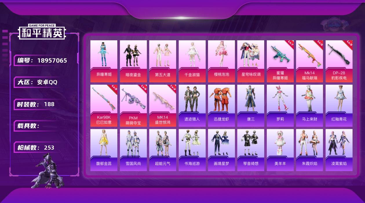 和平精英账号安卓QQ[18957065]安卓 手Q-6粉装-6特效枪-0载具-3粉色飞行器-74564热力值-12王牌印记-188套装-253枪皮
【热门品类】：套装-龟仙人，角色-8号机
【粉色套装】：粉装-暗夜鎏金，