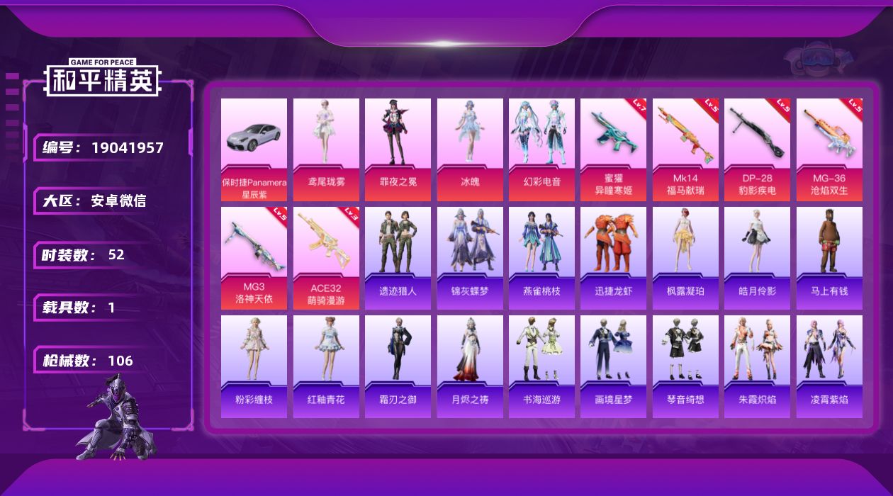 和平精英账号安卓微信[19041957]52套装/枪械6/装备142/载具1/战备81/王牌印记3/热力值33194/七级蜜獾-异瞳寒姬/三级ACE32-萌骑漫游/五级MK14-福马献瑞/五级DP-28-豹影疾电/五级M