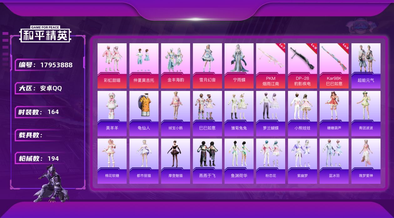 和平精英账号安卓QQ[17953888]安卓 手Q-6粉装-4特效枪-0载具-5粉色飞行器-59287热力值-12王牌印记-164套装-194枪皮
【热门品类】：套装-龟仙人
【粉色套装】：粉装-彩虹甜喵，粉装-仲夏莫吉