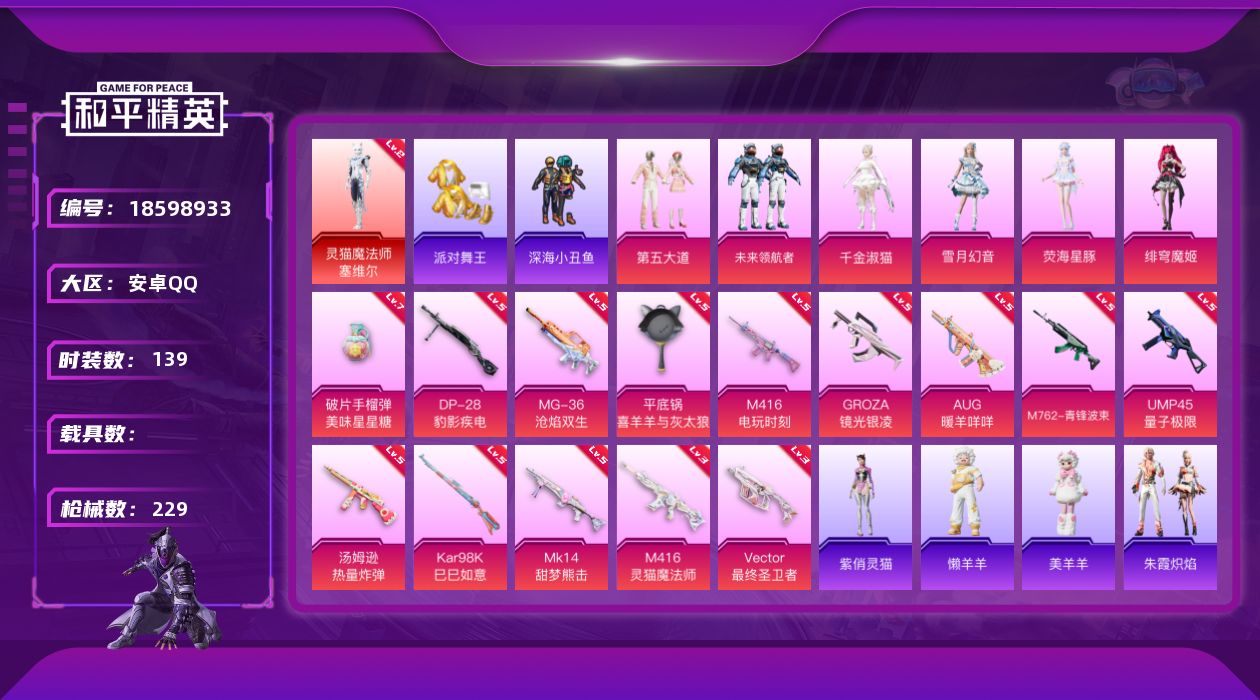 和平精英账号安卓QQ[18598933]安卓 手Q-1神装-6粉装-17特效枪-0载具-5粉色飞行器-69210热力值-11王牌印记-139套装-229枪皮
【红色神装等级】：灵猫魔法师-塞维尔(二级)
【红色角色神装】