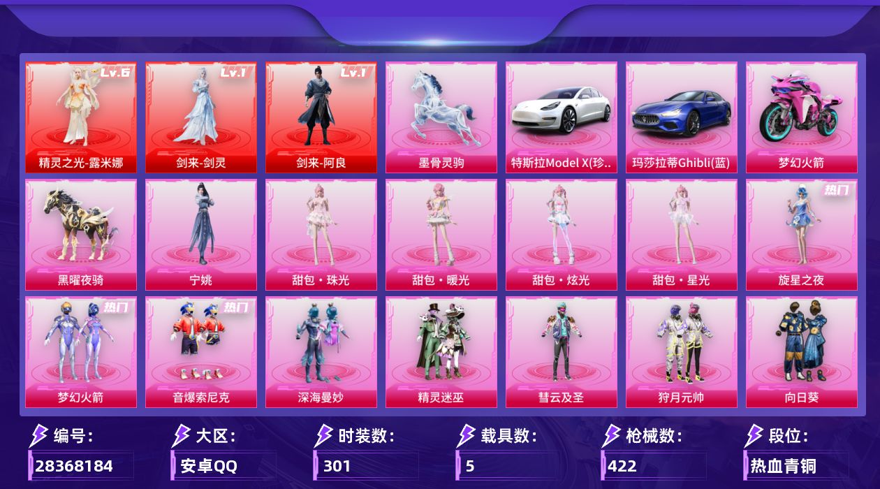 [28368184]安卓手Q-历史最高段位：绝世王牌22星-3神装-29粉装-23特效枪-5载具-22粉色飞行器-176309热力值-27王牌印记-301套装-422枪皮
【红色神装等级】：剑来-剑灵(一级)，剑来-阿良(一级)，精灵之光-露米娜(六级)
【红色角色神装】：剑来-剑灵，剑来-阿良，精灵之光-露米娜
【热门品类】：粉装-梦幻火箭，粉装-音爆索尼克，角色-军刀雅典娜，套装-金羽特工，套装-忍者信条，套装-SS1特训，套装-龟仙人，套装-潮萌小黄鸭，套装-暗影哥特，套装-粉红小猪，角色-Mark.06
【粉色套装】：粉装-深海曼妙，粉装-精灵迷巫，粉装-梦幻火箭，粉装-彗云及圣，粉装-狩月元帅，粉装-向日葵，粉装-甜蜜誓约，粉装-草莓生巧，角色-洛天依，粉装-筑梦精灵，粉装-音爆索尼克，粉装-玉鳞金羽，角色-猩猩队长，角色-圣堂之誓，粉装-蜜语绒猫，角色-小蓝，套装-创世·救赎，角色-千金淑猫，角色-晶梦幻蝶，角色-智耀战神，角色-旋星之夜，角色-宁姚，人物-甜包·珠光，人物-甜包·暖光，人物-甜包·炫光，人物-甜包·星光，人物-洛天依·龙灵，人物-洛天依·花嫁，人物-洛天依·星霓
【粉色枪皮等级】：AKM-阿良(三级)，SCAR-L-梦幻火箭(七级)，M416-心之恋语(一级)，M416-灵猫魔法师(九级)，M416-剑灵(一级)，GROZA-旋转彩虹(七级)，M762-甜蜜誓约(七级)，ACE32-萌骑漫游(五级)，ARX-神木藏锋(四级)，Vector-环太平洋(七级)，汤姆逊-玉魄流云(三级)，AKS-74U-森灵之息(五级)，AKS-74U-琉璃赤心(三级)，P90-沙丘之主(三级)，Kar98K-巳巳如意(五级)，Mk14-盛世惊鸿(三级)，Mk14-福马献瑞(四级)，Mk14-陈平安(一级)，M417-第五大道(七级)，SPAS-12-音爆索尼克(四级)，DP-28-暗夜鎏金(七级)，平底锅-洛天依(三级)，烟雾弹-墨染乾坤(四级)
【粉色载具】：特斯拉Model X（珍珠白），玛莎拉蒂Ghibli（蓝），双人摩托-梦幻火箭，黑曜夜骑，墨骨灵驹
【粉色枪皮】：AKM-阿良，SCAR-L-梦幻火箭，M416-心之恋语，M416-灵猫魔法师，M416-剑灵，GROZA-旋转彩虹，M762-甜蜜誓约，ACE32-萌骑漫游，ARX-神木藏锋，Vector-环太平洋，汤