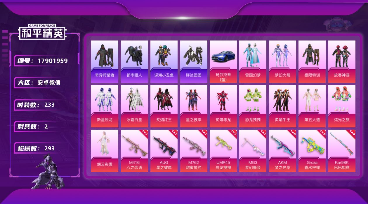 和平精英账号安卓微信[17901959]【特价出售/店主推荐】安卓 微信-14粉装-12特效枪-2载具-2粉色飞行器-102098热力值-25王牌印记-233套装-293枪皮
【热门品类】：粉装-雪国幻梦，粉装-梦幻火箭