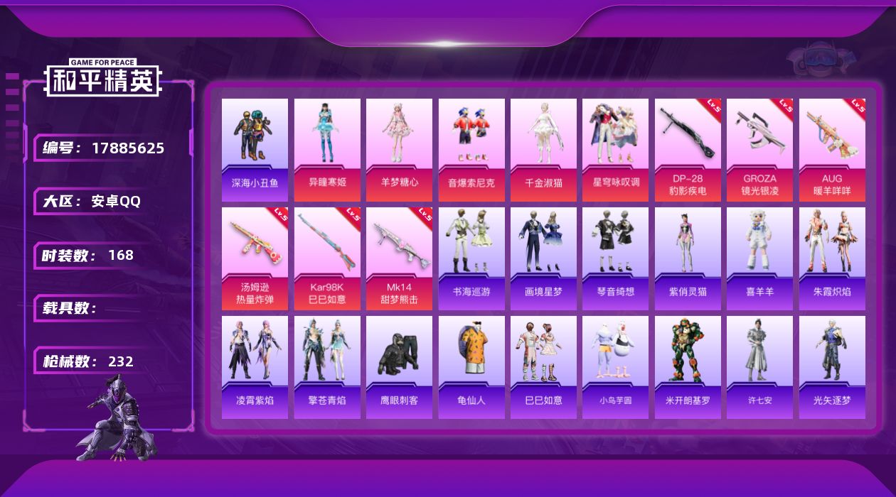 和平精英账号安卓QQ[17885625]安卓 手Q-5粉装-10特效枪-0载具-1粉色飞行器-60225热力值-12王牌印记-168套装-232枪皮
【热门品类】：粉装-音爆索尼克，套装-深海小丑鱼，套装-龟仙人
【粉色