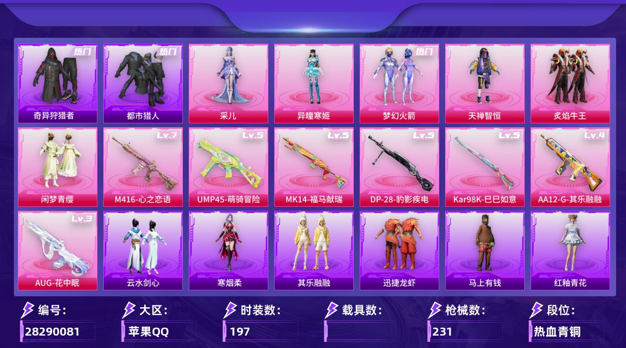 [28290081]梦幻火箭，都市猎人，M416-心之恋语(七级)，【特价出售/店主推荐】苹果手Q-历史最高段位：卓越王牌13星-6粉装-7特效枪-71256热力值-11王牌印记-197套装-231枪皮
【热门品类】：粉装-梦幻火箭，套装-浪漫天命，套装-都市猎人，套装-小丑鱼，套装-奇异狩猎者，角色-军刀雅典娜，套装-忍者信条，套装-暗夜之虎，套装-龟仙人，套装-暗影哥特，套装-浪漫波比，套装-糯粉咩咩
【粉色套装】：粉装-梦幻火箭，粉装-天禅智恒，粉装-炙焰牛王，粉装-闲梦青缨，角色-异瞳寒姬，角色-采儿
【粉色枪皮等级】：M416-心之恋语(七级)，AUG-花中眠(三级)，UMP45-萌骑冒险(五级)，Kar98K-巳巳如意(五级)，Mk14-福马献瑞(五级)，AA12-G-其乐融融(四级)，DP-28-豹影疾电(五级)
【粉色枪皮】：M416-心之恋语，AUG-花中眠，UMP45-萌骑冒险，Kar98K-巳巳如意，Mk14-福马献瑞，AA12-G-其乐融融，DP-28-豹影疾电
【粉色降落伞】：幻影战神降落伞，未来战士降落伞，至尊龙雀降落伞，梦幻火箭降落伞，香水柠檬降落伞，青春物语降落伞，橘柚倾心降落伞，环太平洋降落伞，垂柳戏鸭降落伞，飒粉甜心降落伞，鬼刀降落伞，炫彩糖果降落伞
【稀有套装】：套装-龟仙人，套装-马上有钱，套装-迅捷龙虾，套装-其乐融融，套装-恋语绒绒，套装-云水剑心，套装-冰河战士，角色-夜瞳黯灵，套装-朱霞炽焰，套装-凌霄紫焰，套装-擎苍青焰，套装-画境星梦，套装-琴音绮想，套装-雨过天青，套装-红釉青花，角色-寒烟柔
【稀有枪皮】：AKM-彩虹符号，AKM-影袭，AKM-灼热熔岩，AKM-萌趣颜团子，AKM-虎虎生威，AKM-霓虹街区，AKM-龙的传人，M16A4-幻世战舞者，M16A4-甜心亚梦，SCAR-L-夏日绵绵冰，SCAR-L-夜灯，SCAR-L-玉兔迎春，SCAR-L-碧影闪光，SCAR-L-红色方程式，M416-夜灯，M416-糯团青竹，M416-红色方程式，M416-蓝色火焰，GROZA-异彩先驱，GROZA-彩虹符号，GROZA-影袭，GROZA-恐龙拽拽，GROZA-田园牧歌，GROZA-蓝莓炮弹，AUG-圣光天使，AUG-天降萌叽，AUG-幻影战神，AUG-甜蜜菠萝，AUG-青春冒险家，QBZ-彩虹符号，QBZ-飞驰魅影，M762-