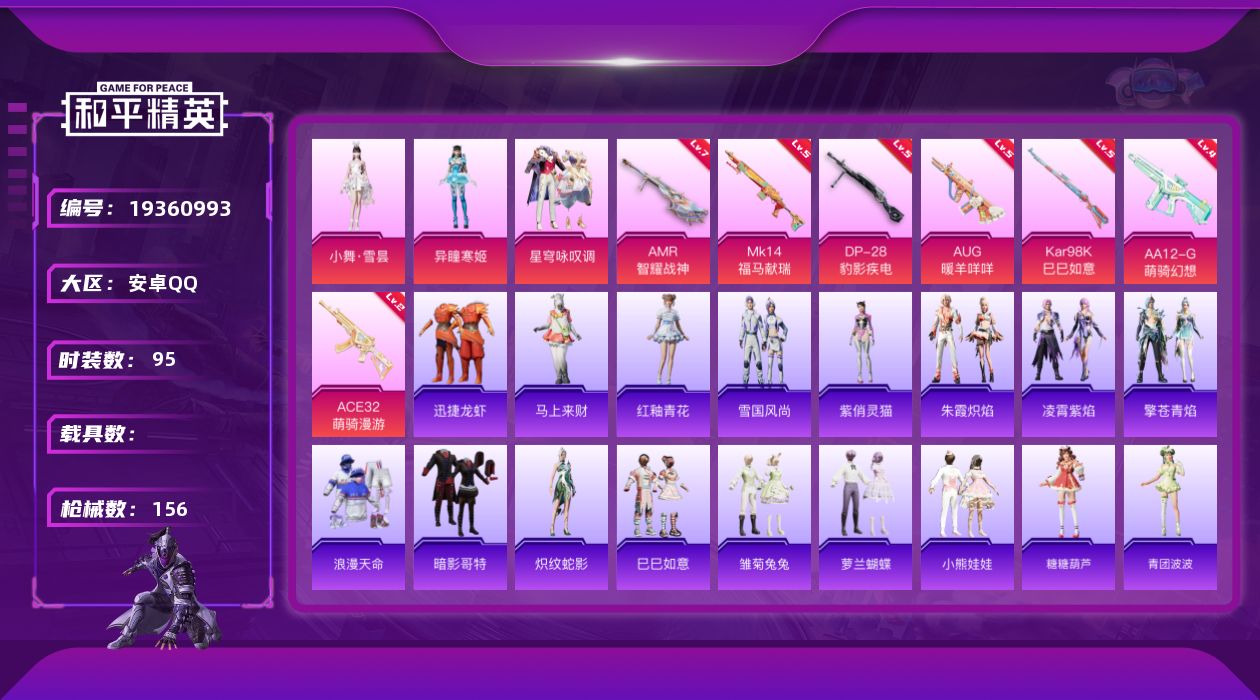 和平精英账号安卓QQ[19360993]安卓 手Q-3粉装-7特效枪-0载具-1粉色飞行器-41729热力值-8王牌印记-95套装-156枪皮
【热门品类】：套装-浪漫天命，套装-暗影哥特
【粉色套装】：粉装-星穹咏叹调