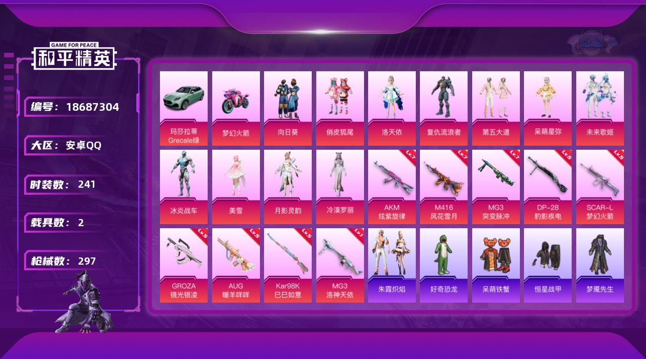 和平精英账号安卓QQ[18687304]安卓 手Q-11粉装-11特效枪-2载具-5粉色飞行器-100568热力值-8王牌印记-241套装-297枪皮
【热门品类】：套装-小丑鱼，套装-金羽特工，套装-忍者信条，套装-S