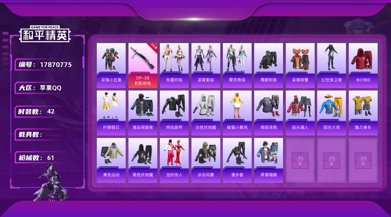 和平精英账号苹果QQ[17870775]苹果 手Q-0粉装-3特效枪-0载具-2粉色飞行器-14915热力值-2王牌印记-42套装-61枪皮
【热门品类】：套装-深海小丑鱼
【粉色枪皮等级】：ACE32-萌骑漫游(二级)