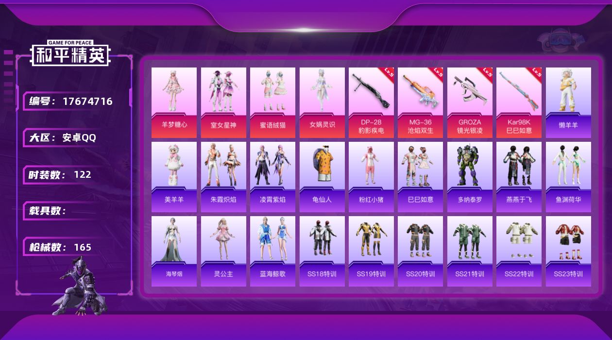 和平精英账号安卓QQ[17674716]安卓 手Q-4粉装-6特效枪-0载具-1粉色飞行器-43211热力值-3王牌印记-122套装-165枪皮
【热门品类】：套装-龟仙人，套装-粉红小猪
【粉色套装】：粉装-室女星神，