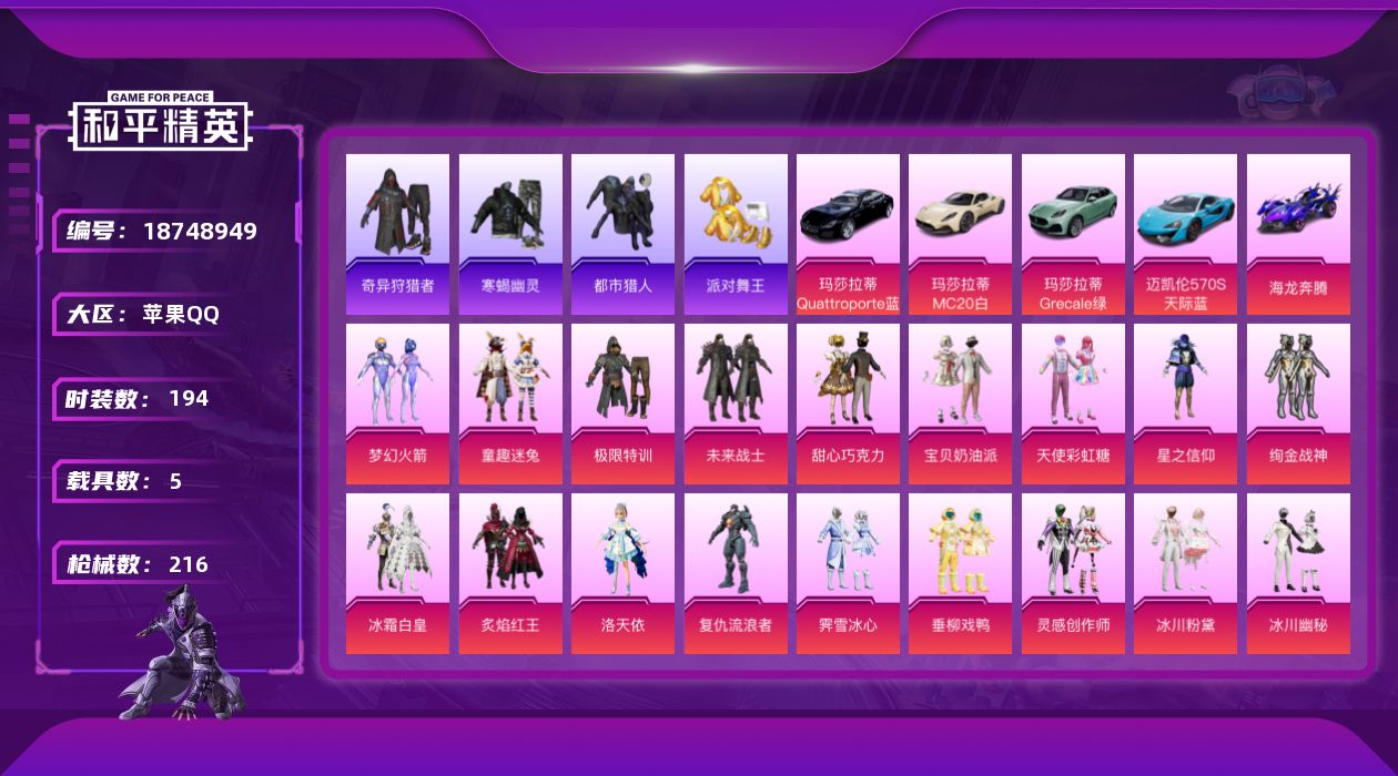 和平精英账号苹果QQ[18748949]【热门素材号 金鞋、都市、赤蝎】苹果 手Q-24粉装-13特效枪-5载具-4粉色飞行器-91201热力值-15王牌印记-194套装-216枪皮
热门品类】：粉装-梦幻火箭，粉装-童