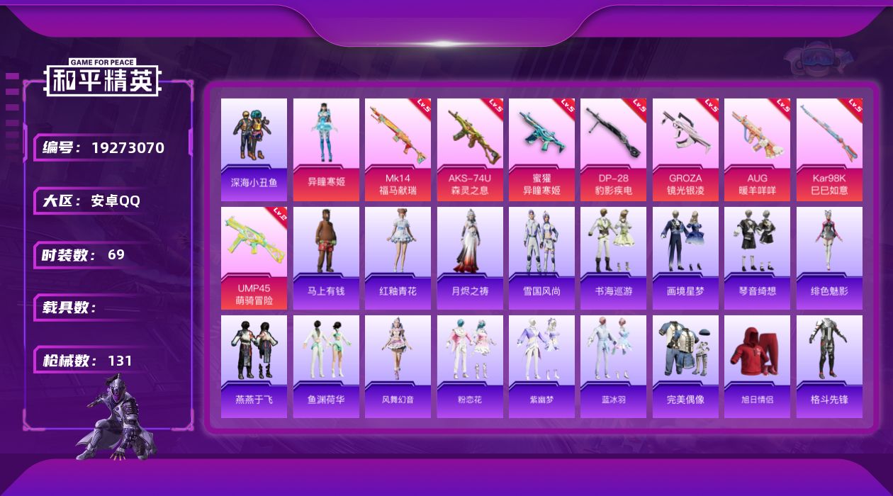 和平精英账号安卓QQ[19273070]安卓 手Q-1粉装-8特效枪-0载具-2粉色飞行器-31896热力值-5王牌印记-69套装-131枪皮
【热门品类】：套装-深海小丑鱼
【粉色套装】：角色-异瞳寒姬
【粉色枪皮等级