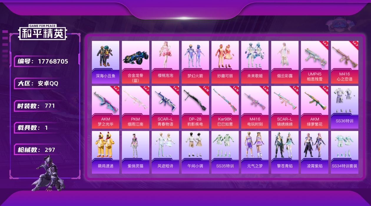 和平精英账号安卓QQ1载具-201套装-297枪皮-1载具-201套装-297枪皮-2稀有1载具6粉装12特效枪13热门