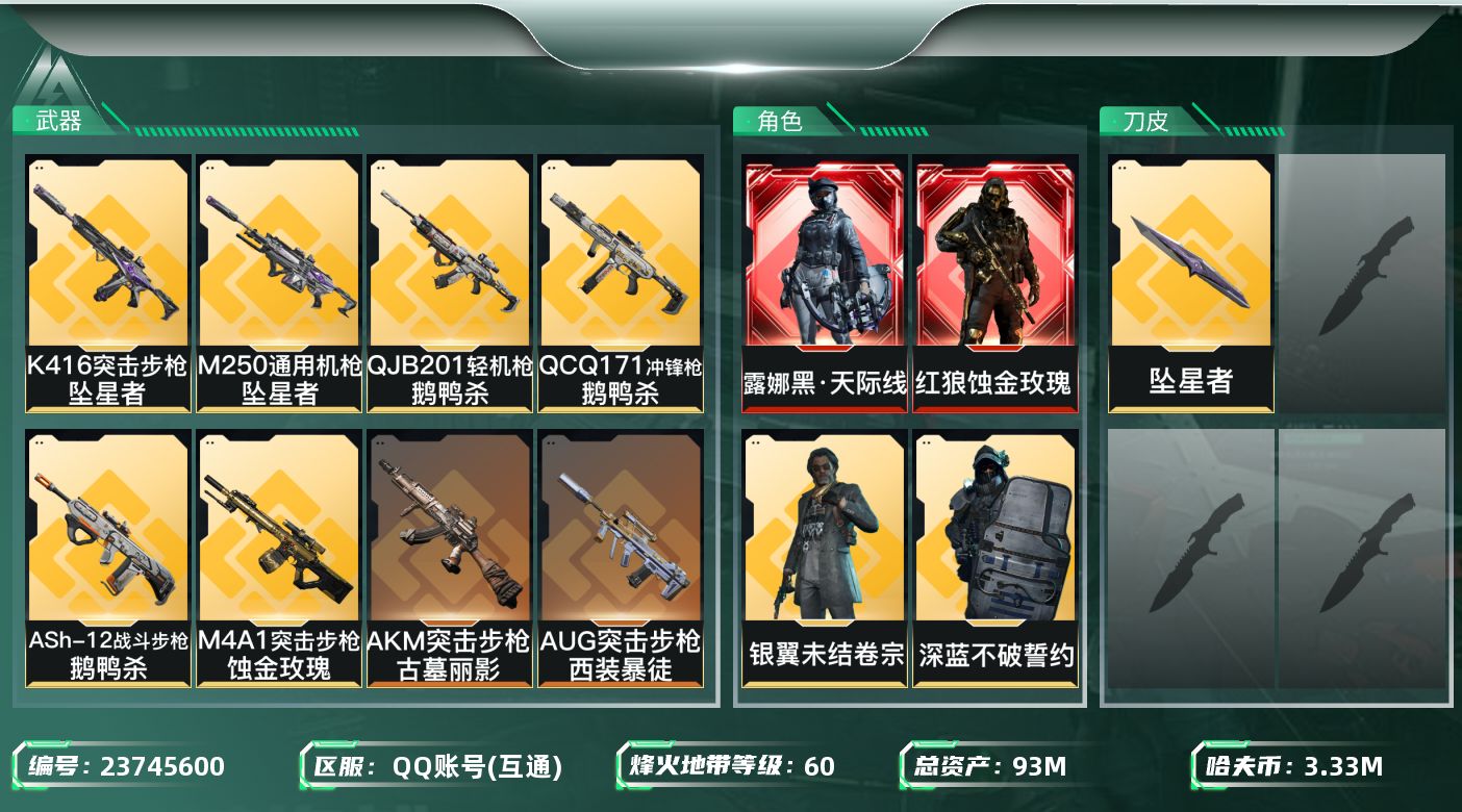 三角洲行动账号QQ【7228】93m总资产-3331k哈夫币-60烽火等级-铂金-43战场等级-列兵
【干员外观】：红
