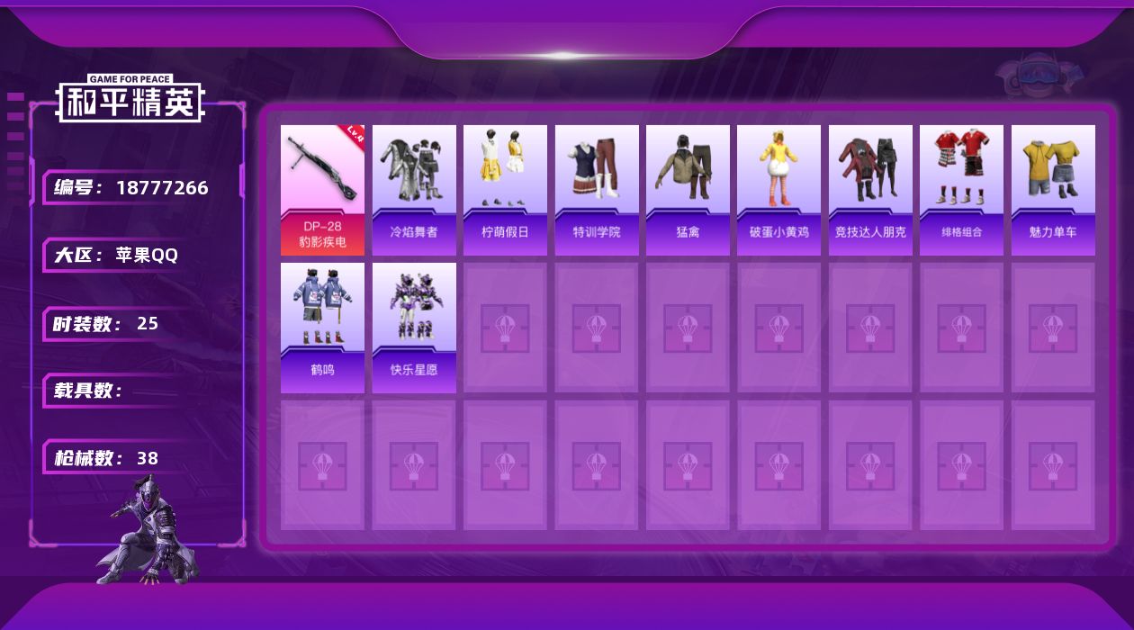 和平精英账号苹果QQ[18777266]苹果 手Q-0粉装-2特效枪-0载具-0粉色飞行器-8023热力值-1王牌印记-25套装-38枪皮
【粉色枪皮等级】：Mk14-福马献瑞(一级)，DP-28-豹影疾电(四级)
【粉