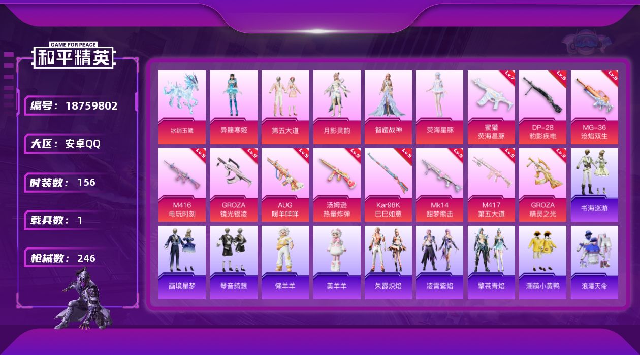 和平精英账号安卓QQ[18759802]156套装/枪械14/装备331/载具1/战备183/王牌印记8/热力值75328/五级M416-电玩时刻/三级GROZA-精灵之光/五级GROZA-镜光银凌/五级AUG-暖羊咩咩