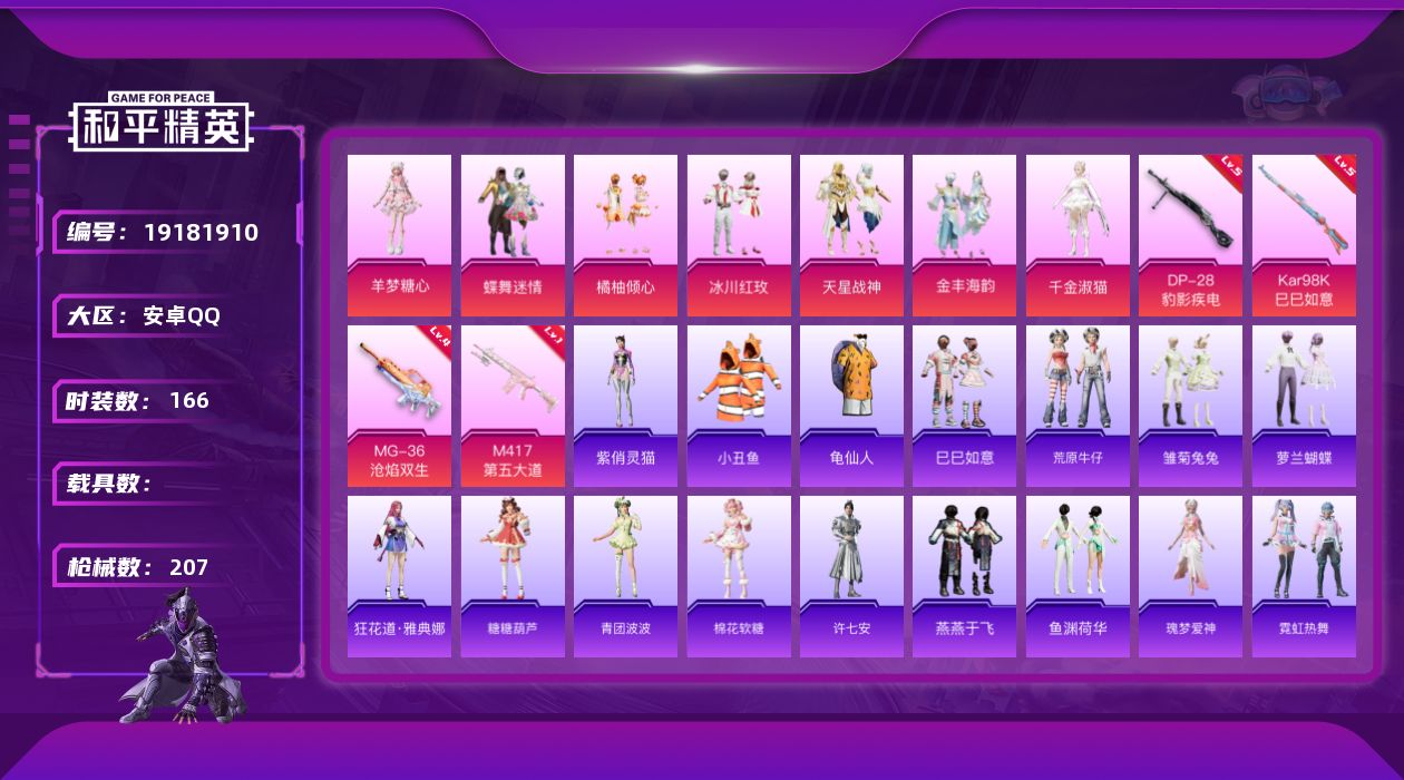 和平精英账号安卓QQ[19181910]安卓 手Q-7粉装-4特效枪-0载具-2粉色飞行器-62141热力值-12王牌印记-166套装-207枪皮
【热门品类】：套装-小丑鱼，套装-龟仙人
【粉色套装】：粉装-蝶舞迷情，