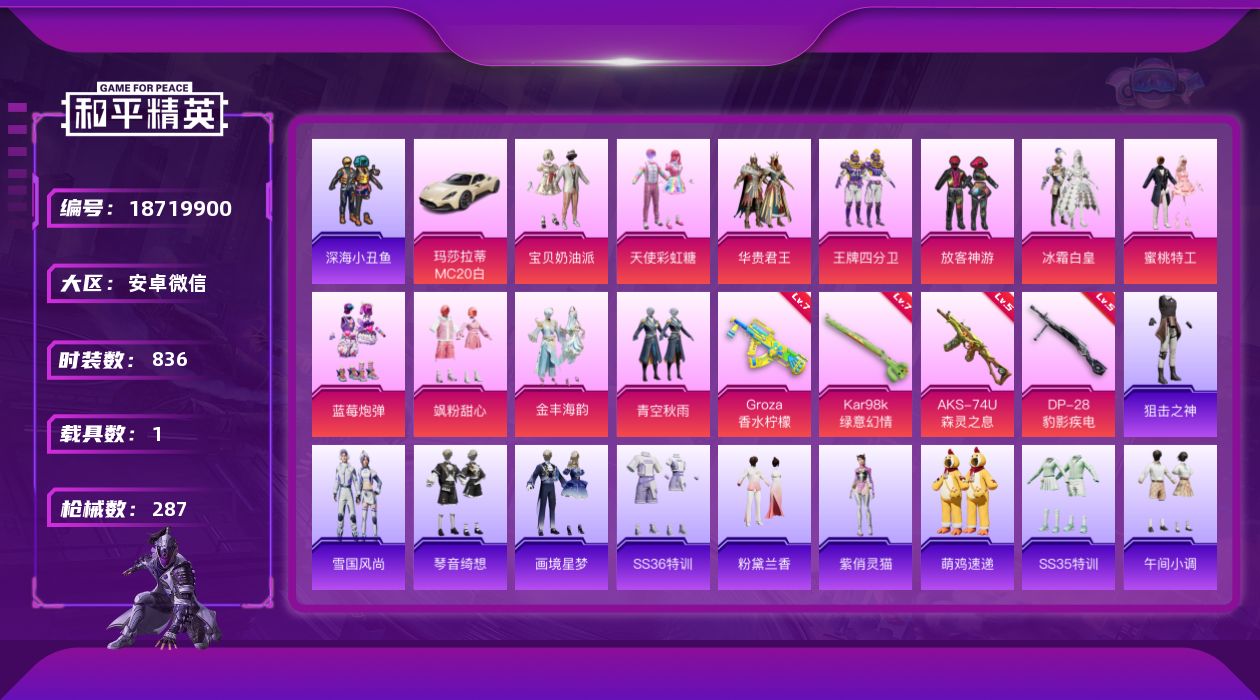 和平精英账号安卓微信[18719900]11粉装 4特效枪 1载具 12印记 可二次 可修改实名 
【热门装扮】天使彩虹