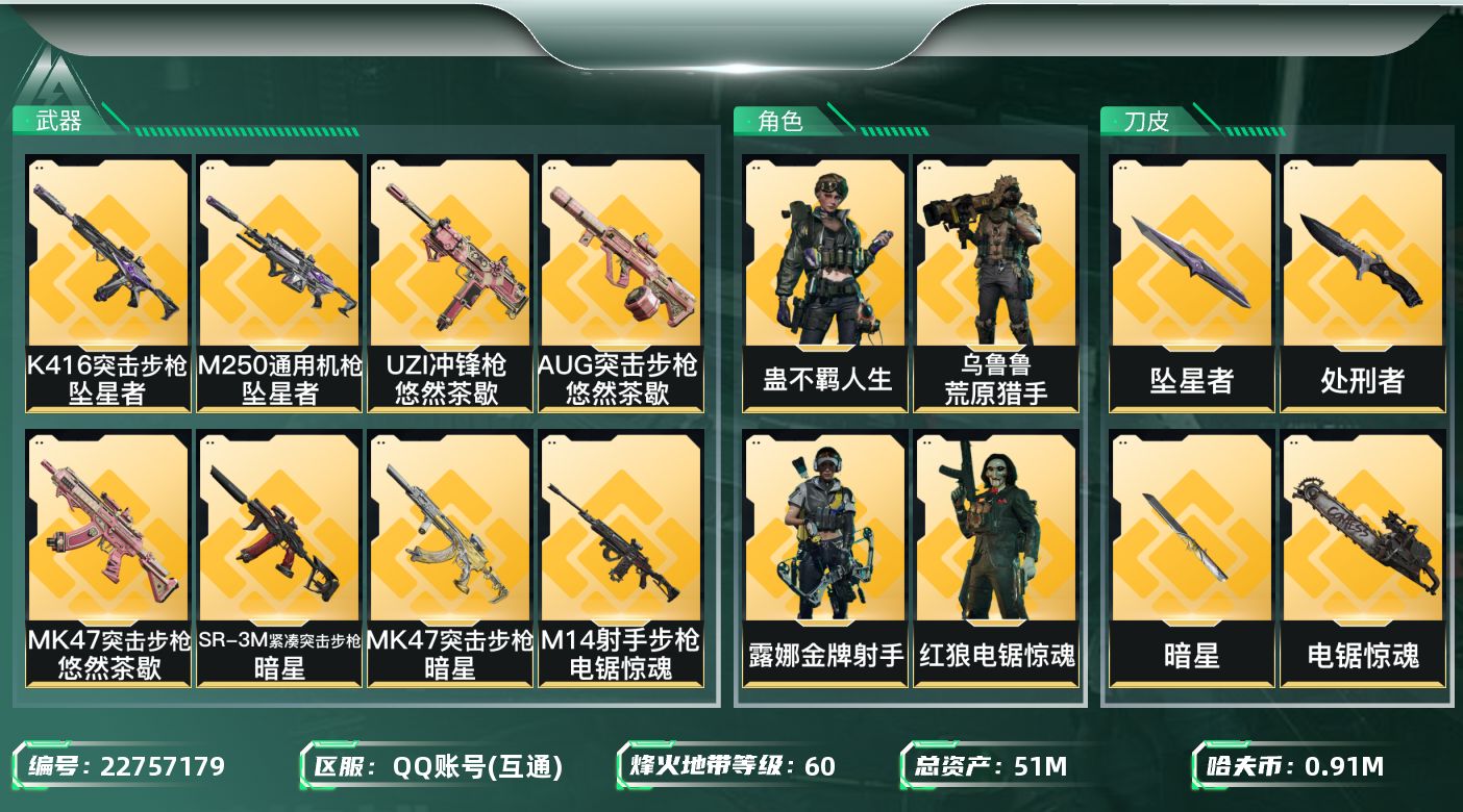三角洲行动账号QQ【6932】51m总资产-915k哈夫币-60烽火等级-钻石-42战场等级-列兵
【干员外观】：蜂医