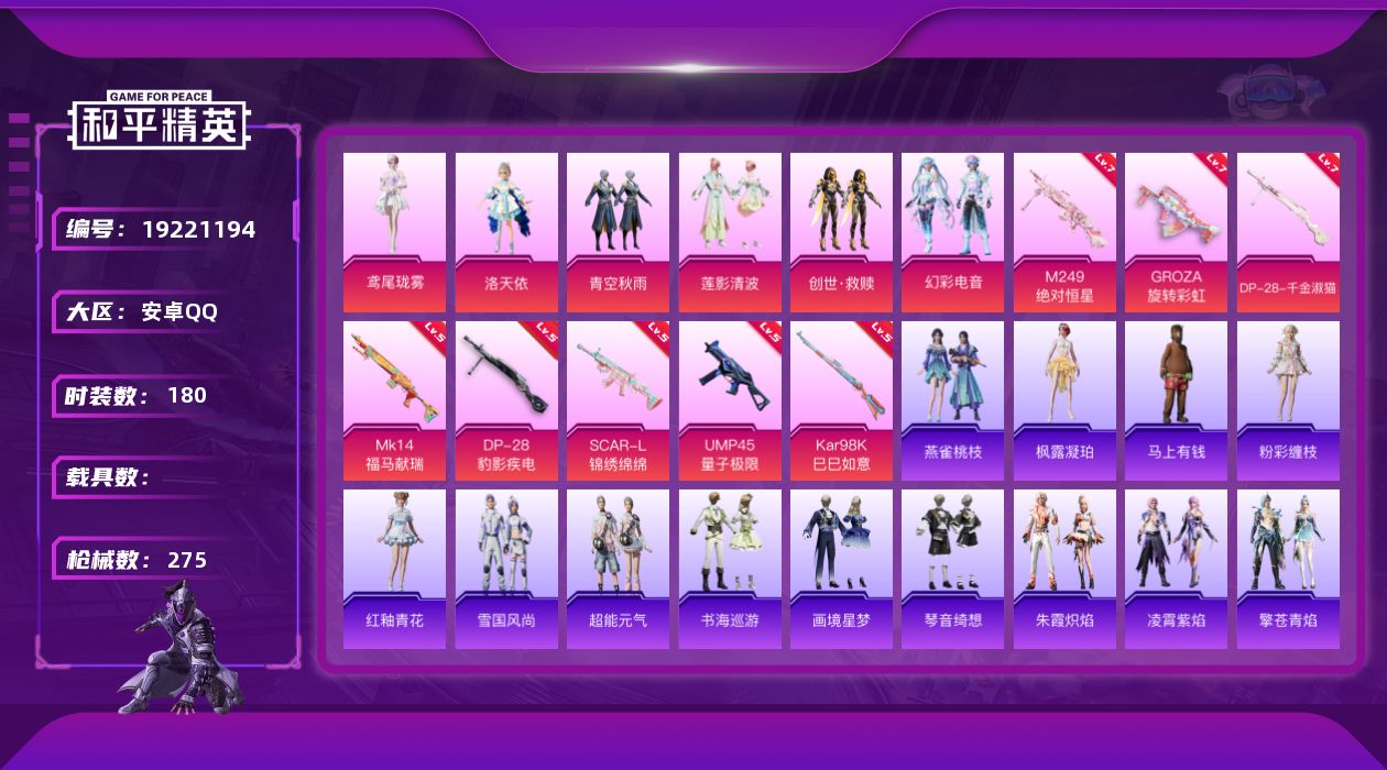 和平精英账号安卓QQ[19221194]安卓 手Q-6粉装-8特效枪-0载具-6粉色飞行器-85285热力值-19王牌印记-180套装-275枪皮
【热门品类】：套装-龟仙人
【粉色套装】：角色-洛天依，粉装-青空秋雨，