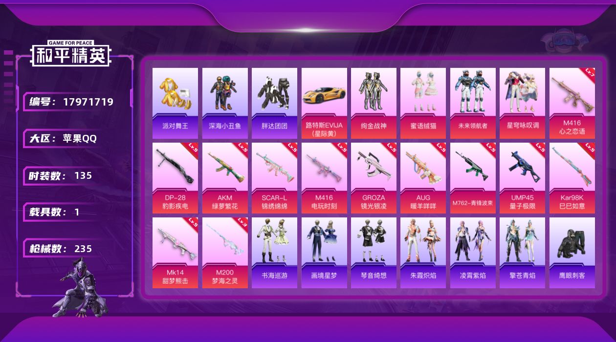 和平精英账号苹果QQ[17971719]苹果 手Q-5粉装-17特效枪-1载具-3粉色飞行器-68461热力值-12王牌印记-135套装-235枪皮
【热门品类】：套装-浪漫天命，套装-派对舞王，套装-深海小丑鱼，套装-