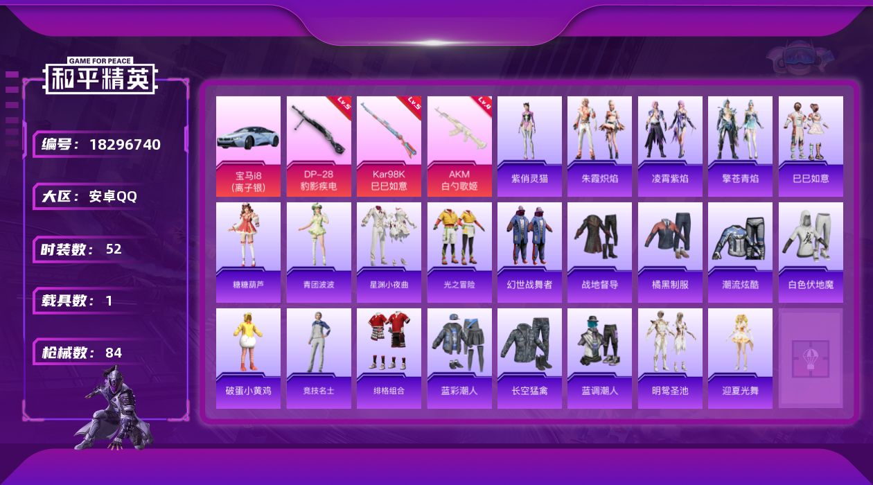 和平精英账号安卓QQ[18296740]安卓 手Q-1粉装-6特效枪-1载具-1粉色飞行器-24609热力值-6王牌印记-52套装-84枪皮
【粉色套装】：角色-虎痴许褚
【粉色枪皮等级】：AKM-白勺歌姬(四级)，UM