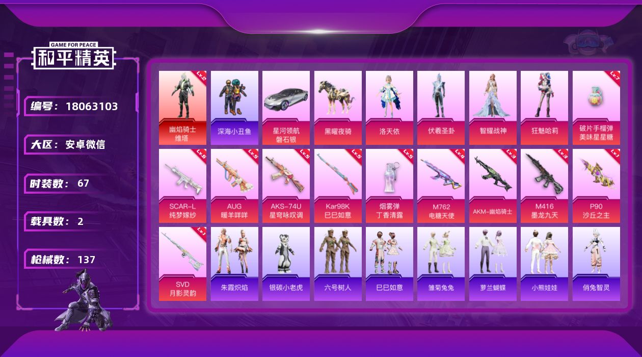 和平精英账号安卓微信[18063103]安卓 微信-1神装-4粉装-11特效枪-2载具-7粉色飞行器-47798热力值-15王牌印记-67套装-137枪皮
【红色神装等级】：幽焰骑士-维塔(二级)
【红色角色神装】：幽焰