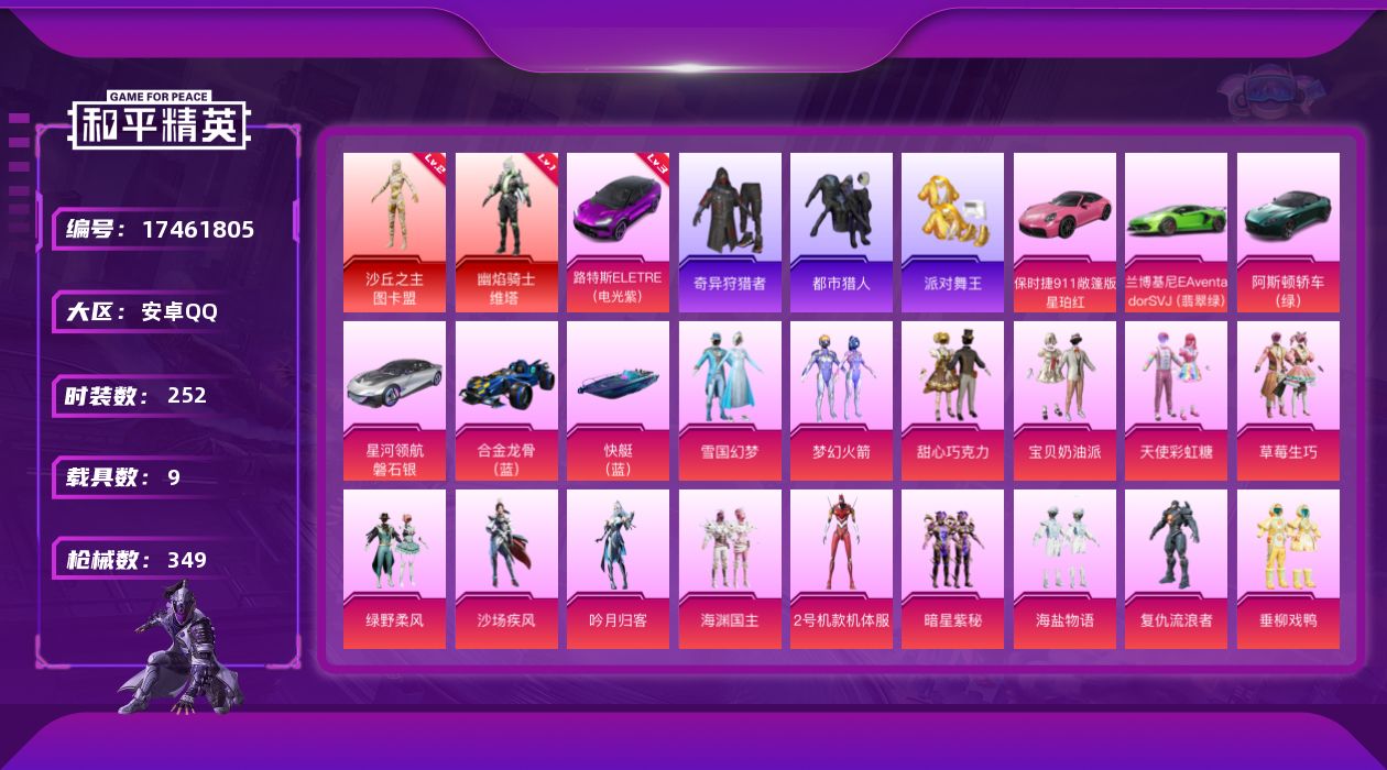 和平精英账号安卓QQ[17461805]连体王者v9/安卓 手Q-2神装-24粉装-32特效枪-9载具-10粉色飞行器-143196热力值-21王牌印记-252套装-349枪皮
【红色载具】：路特斯ELETRE（电光紫）