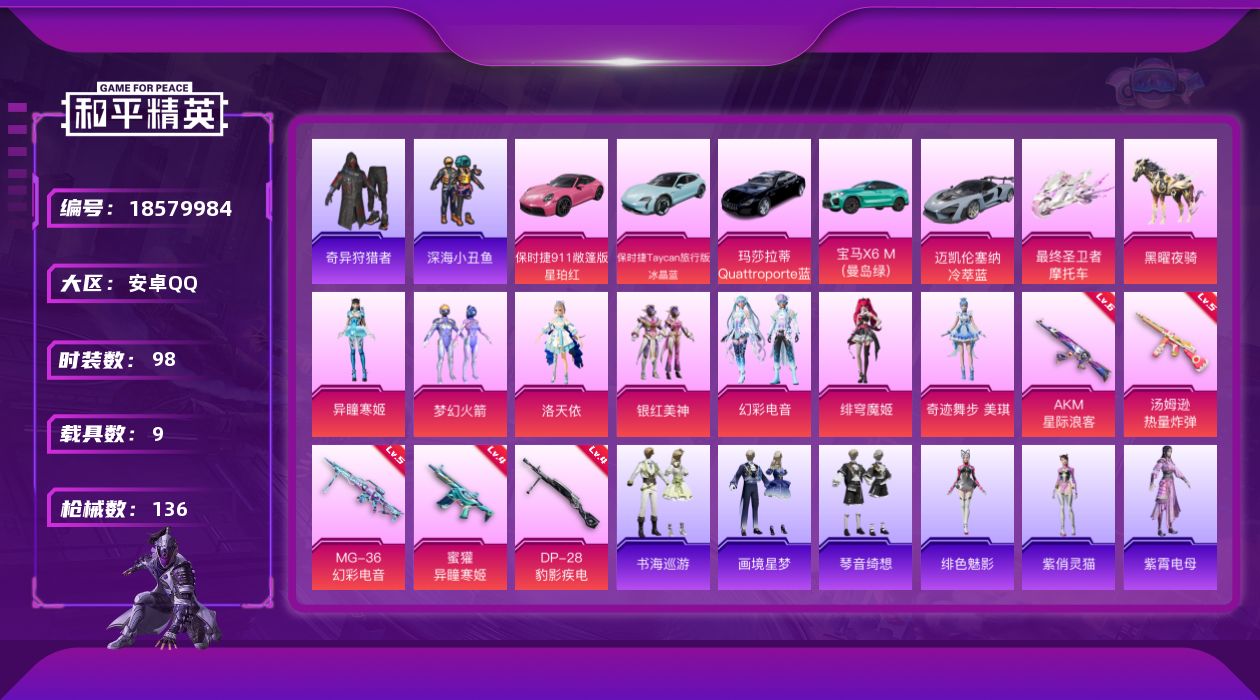 和平精英账号安卓QQ[18579984]时装数: 366 载具数: 9 枪械数: 136 战备数: 96 热门装扮: 奇