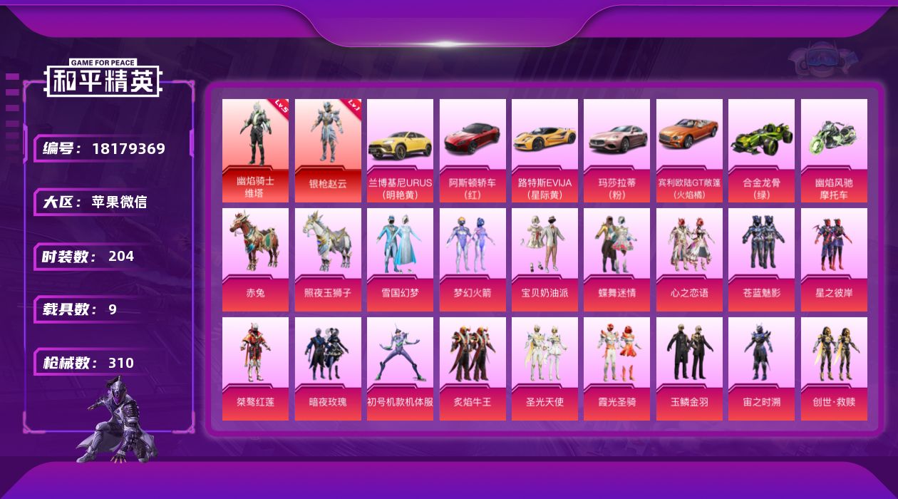 和平精英账号苹果微信DAS11043 包人脸  苹果V-2红装9载具17粉装12特效枪14热门204套装310枪皮 12