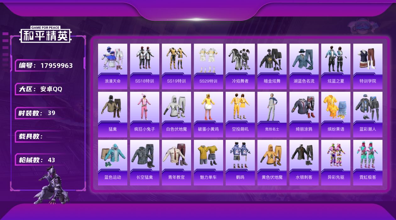 和平精英账号安卓QQ[17959963]安卓 手Q-0粉装-0特效枪-0载具-0粉色飞行器-12015热力值-1王牌印记-39套装-43枪皮
【热门品类】：套装-浪漫天命
【粉色降落伞】：仲夏莫吉托降落伞
【稀有枪皮】：