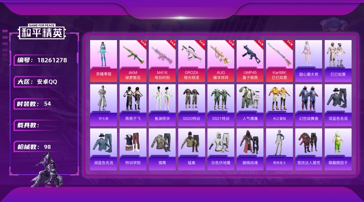 和平精英账号安卓QQ[18261278]安卓 手Q-1粉装-7特效枪-0载具-1粉色飞行器-27134热力值-1王牌印记-54套装-98枪皮
【粉色套装】：角色-异瞳寒姬
【粉色枪皮等级】：AKM-绿萝繁花(五级)，M4