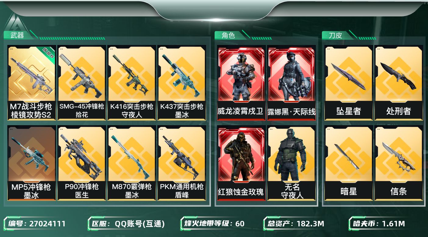 三角洲行动账号QQABC5030/QQ区/总资产：183.22M，哈夫币：161W，红皮3，刀皮6，传说武器57，史诗