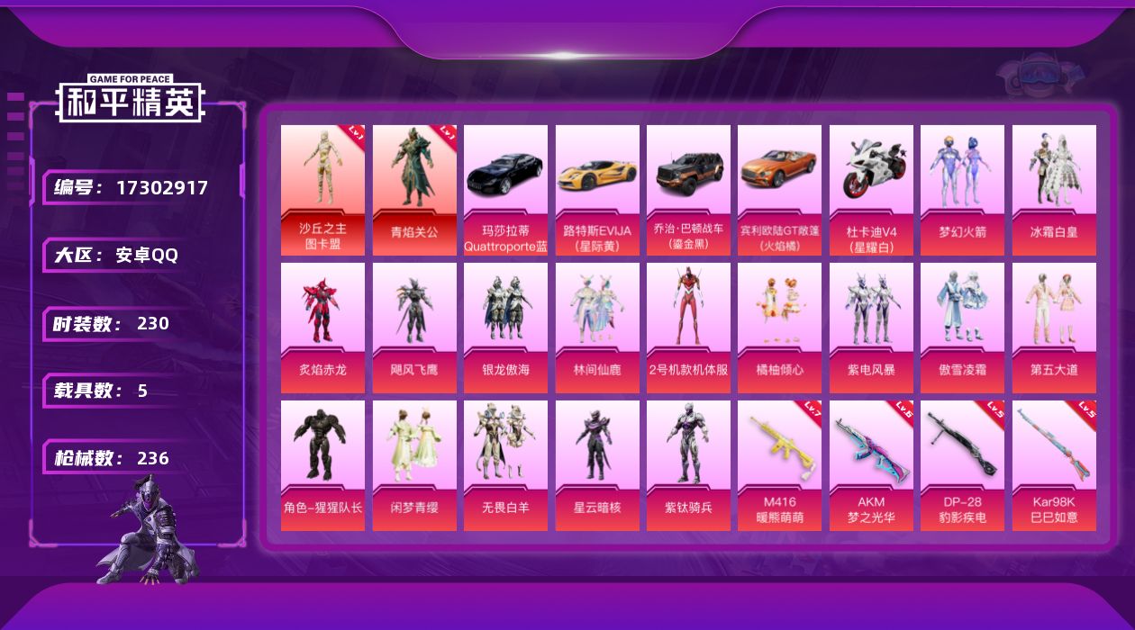 和平精英账号安卓QQ[17302917]安卓 手Q-2神装-16粉装-8特效枪-5载具-6粉色飞行器-91464热力值-17王牌印记-230套装-236枪皮
【红色神装等级】：沙丘之主-图卡盟(一级)，角色-青焰关公(一