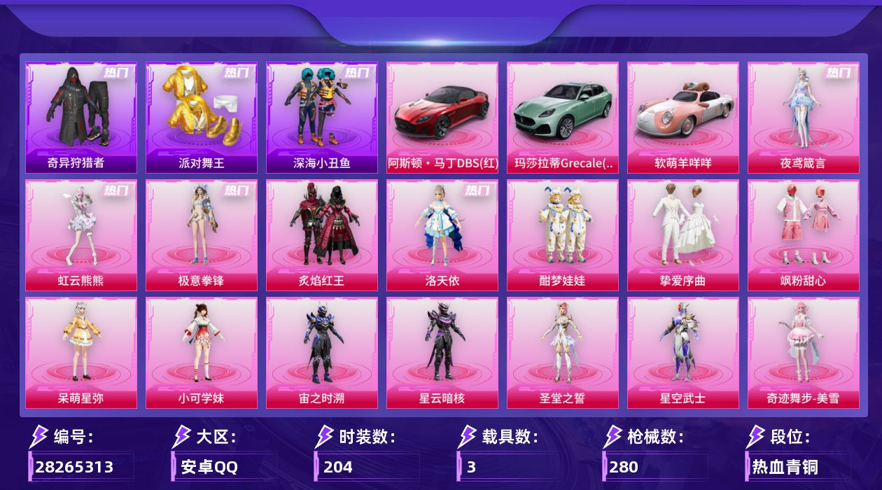 [28265313]安卓手Q-15粉装-14特效枪-3载具-5粉色飞行器-89401热力值-7王牌印记-204套装-280枪皮
【热门品类】：套装-浪漫天命，套装-派对舞王，套装-深海小丑鱼，套装-奇异狩猎者，套装-龟仙人，套装-暗影哥特，套装-粉红小猪
【粉色套装】：粉装-炙焰红王，角色-洛天依，粉装-酣梦娃娃，粉装-挚爱序曲，粉装-飒粉甜心，角色-呆萌星弥，角色-小可学妹，角色-宙之时溯，角色-星云暗核，角色-圣堂之誓，角色-星空武士，角色-奇迹舞步 美雪，粉装-极意拳锋，角色-虹云熊熊，角色-夜鸢箴言
【粉色枪皮等级】：AKM-绿萝繁花(五级)，SCAR-L-云端童话(五级)，M416-风花雪月(六级)，蜜獾-异瞳寒姬(五级)，蜜獾-奇幻森林(五级)，UMP45-萌骑冒险(五级)，AKS-74U-森灵之息(五级)，M24-翩跹演武(五级)，Mk14-福马献瑞(五级)，AA12-G-其乐融融(五级)，M249-绝对恒星(三级)，DP-28-豹影疾电(五级)，MG3-洛神天依(五级)，MG-36-沧焰双生(五级)
【粉色载具】：阿斯顿马丁DBS（红），玛莎拉蒂Grecale（薄荷绿），软萌羊咩咩
【粉色枪皮】：AKM-绿萝繁花，SCAR-L-云端童话，M416-风花雪月，蜜獾-异瞳寒姬，蜜獾-奇幻森林，UMP45-萌骑冒险，AKS-74U-森灵之息，M24-翩跹演武，Mk14-福马献瑞，AA12-G-其乐融融，M249-绝对恒星，DP-28-豹影疾电，MG3-洛神天依，MG-36-沧焰双生
【粉色飞行器】：炫彩糖果飞行器，超新星飞行器，镜光幻境飞行翼，踏卷乘风飞行器，星罗盘飞行器
【粉色降落伞】：满月旋律降落伞，幻影战神降落伞，童趣迷兔降落伞，齐天大圣降落伞，洛神天依降落伞，黄族统领降落伞，白勺歌姬降落伞，金丰海韵降落伞，荧海星豚降落伞，灵猫魔法师降落伞，无垠阁降落伞，异瞳寒姬降落伞，炫彩糖果降落伞，暮色玫影降落伞
【稀有套装】：套装-龟仙人，角色-甜心蒙太奇，套装-雪国风尚，套装-炫彩糖果，玩偶服-小熊虫，角色-X，套装-马上有钱，套装-迅捷龙虾，套装-遗迹猎人，套装-云宝联名款，套装-其乐融融，套装-彩旗巡礼，套装-苹果嘉儿联名款，套装-恋语绒绒，角色-苏沐橙，角色-都市丽猫，套装-云朵鹅，套装-雪绒豹，套装-朱霞炽焰，套装-凌霄紫焰，套装-擎苍青焰，玩偶服-喜羊羊，角色-紫俏