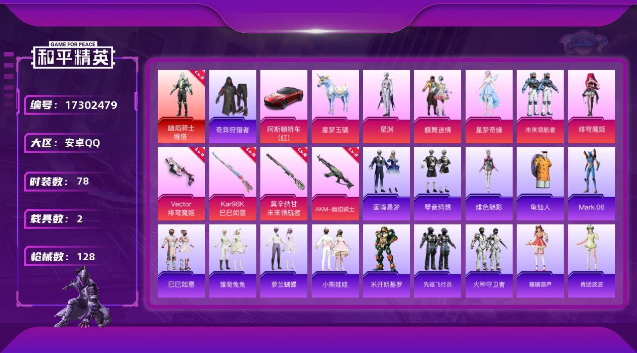 和平精英账号安卓QQ[17302479]【特价出售/店主推荐】安卓 手Q-1神装-5粉装-4特效枪-2载具-4粉色飞行器-40710热力值-3王牌印记-78套装-128枪皮【红色神装等级】：幽焰骑士-维塔(三级)【红色角